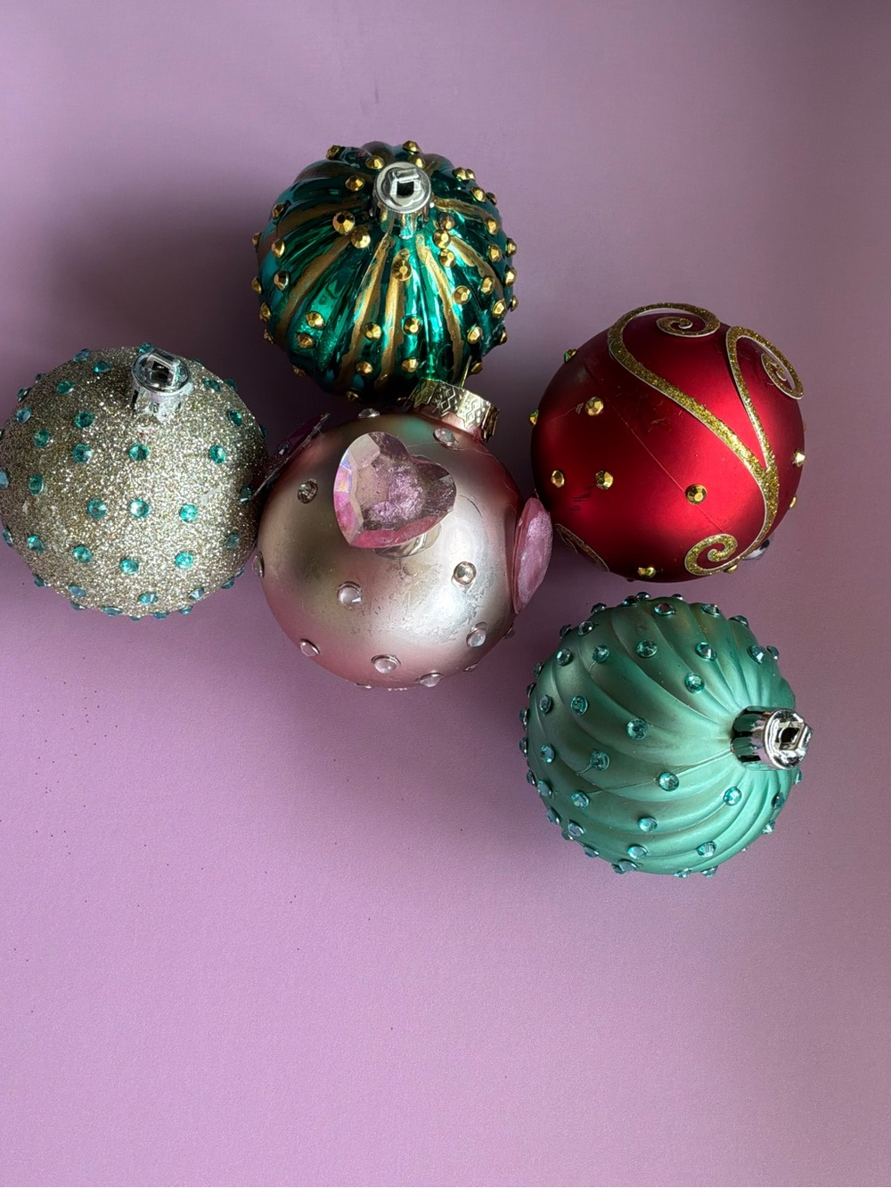 Hand Crafted Teal, Green, Red, Pink, Silver Holiday Ornament Set